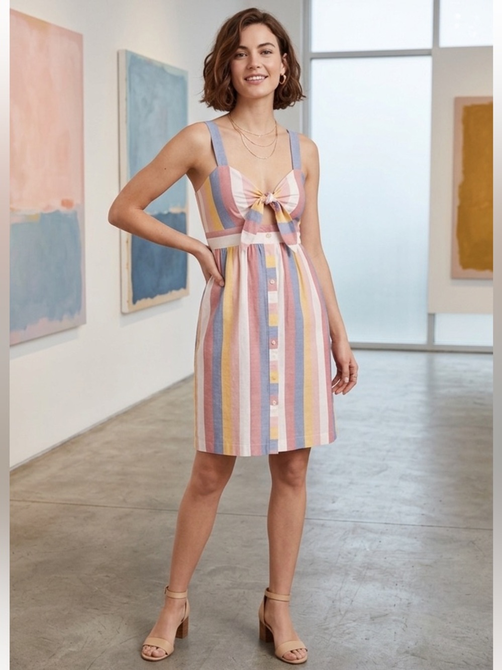 Madewell Pink Front Tie Cut-Out Sleeveless Button Striped 100% Cotton Dress 14